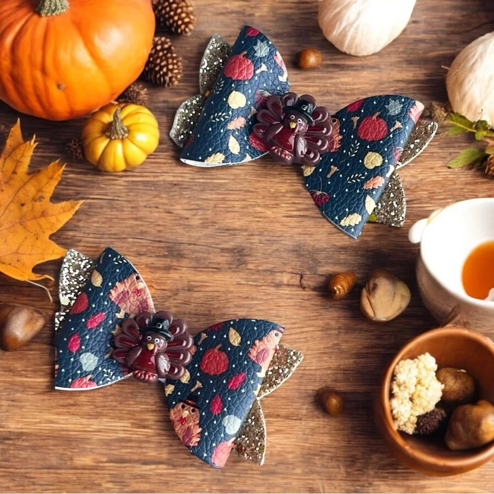 Turkey 🦃 pumpkin spice faux leather hair bow for kids